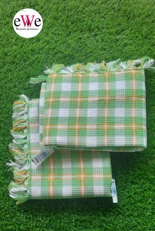 &quot;White and Green Yellow Checks&quot;Handloom &amp; weaves Water Absorbent Cotton Bath Towel  Combo Set Pack of 2 Pieces (140cm x 70cm)