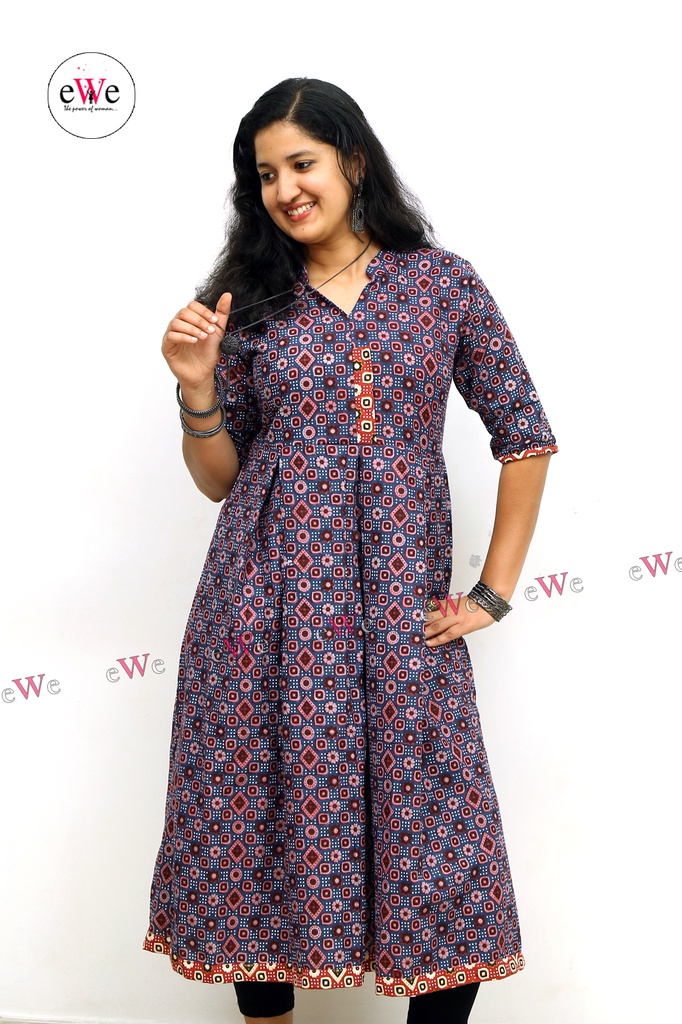 Khadi Printed Flared Gown Kurti  &quot;Violet &amp; Meroon&quot;