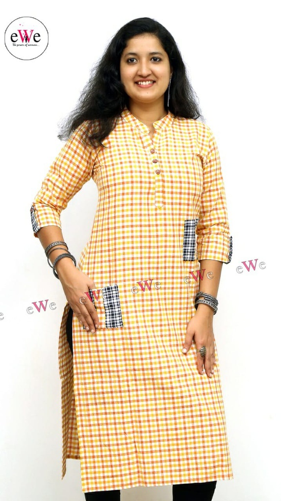Khadi Designer Kurti (Yellow Red Stripe)