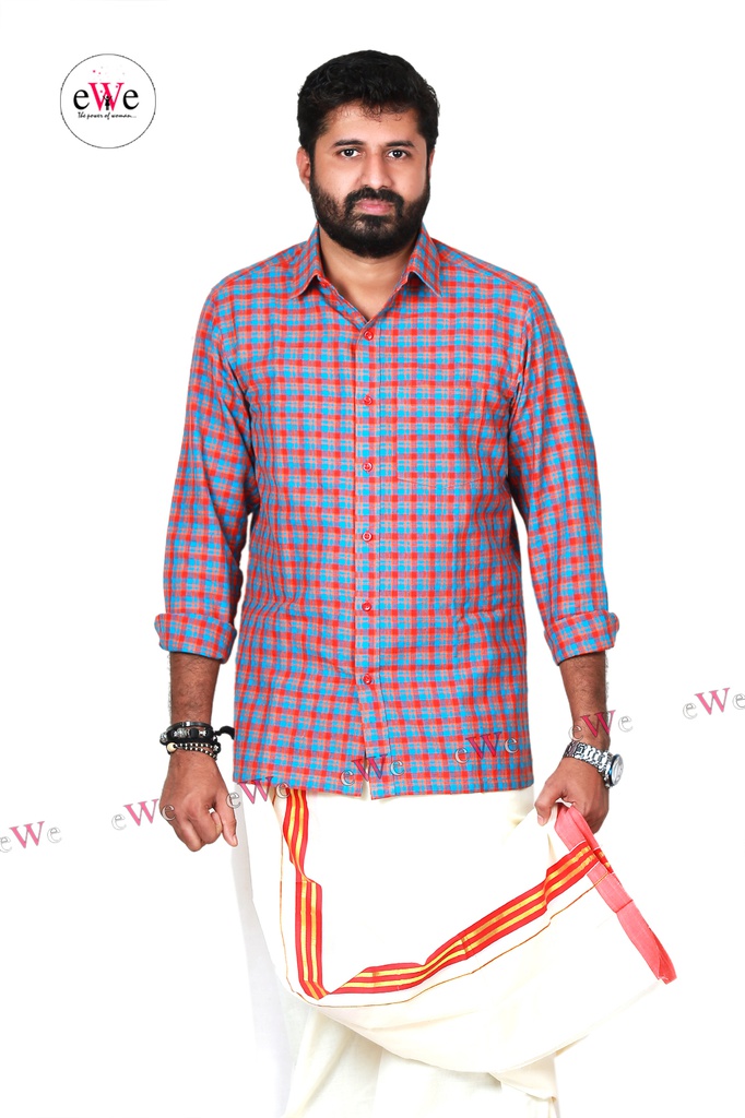 &quot;Orange and Blue Checks&quot; Khadi Men's Formal Shirt