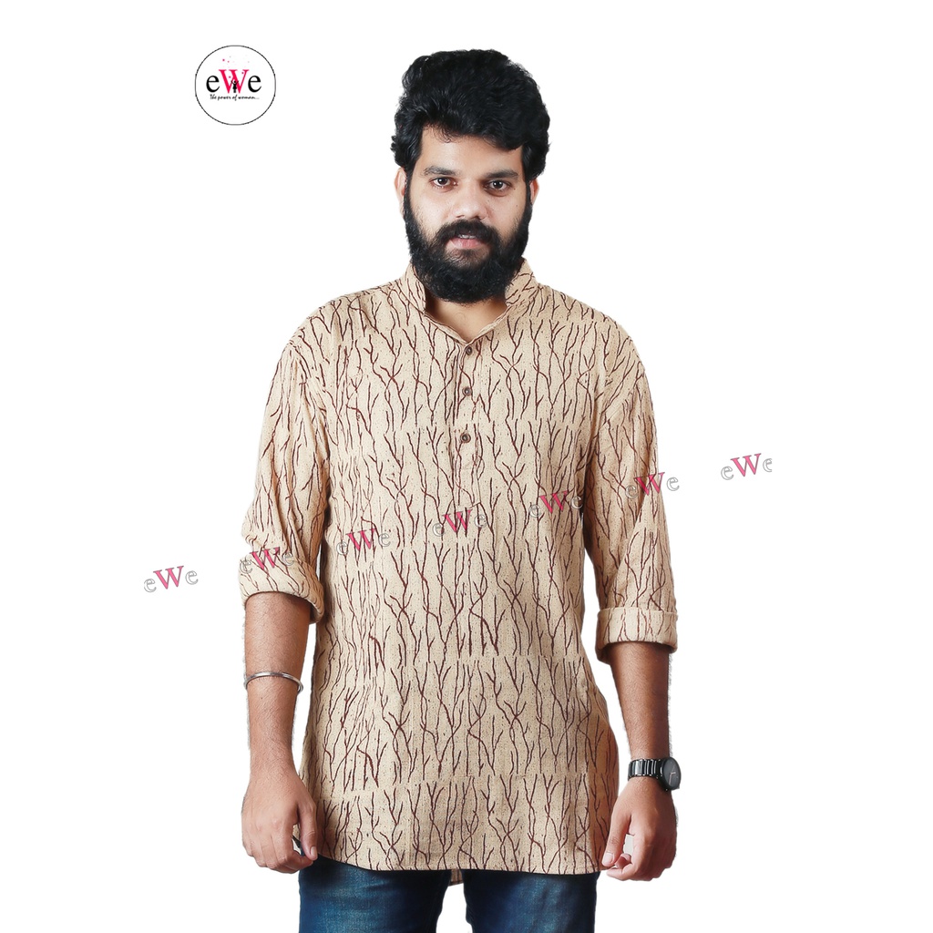 Khadi Gents Kurta &quot; Beige With Brown Design&quot;