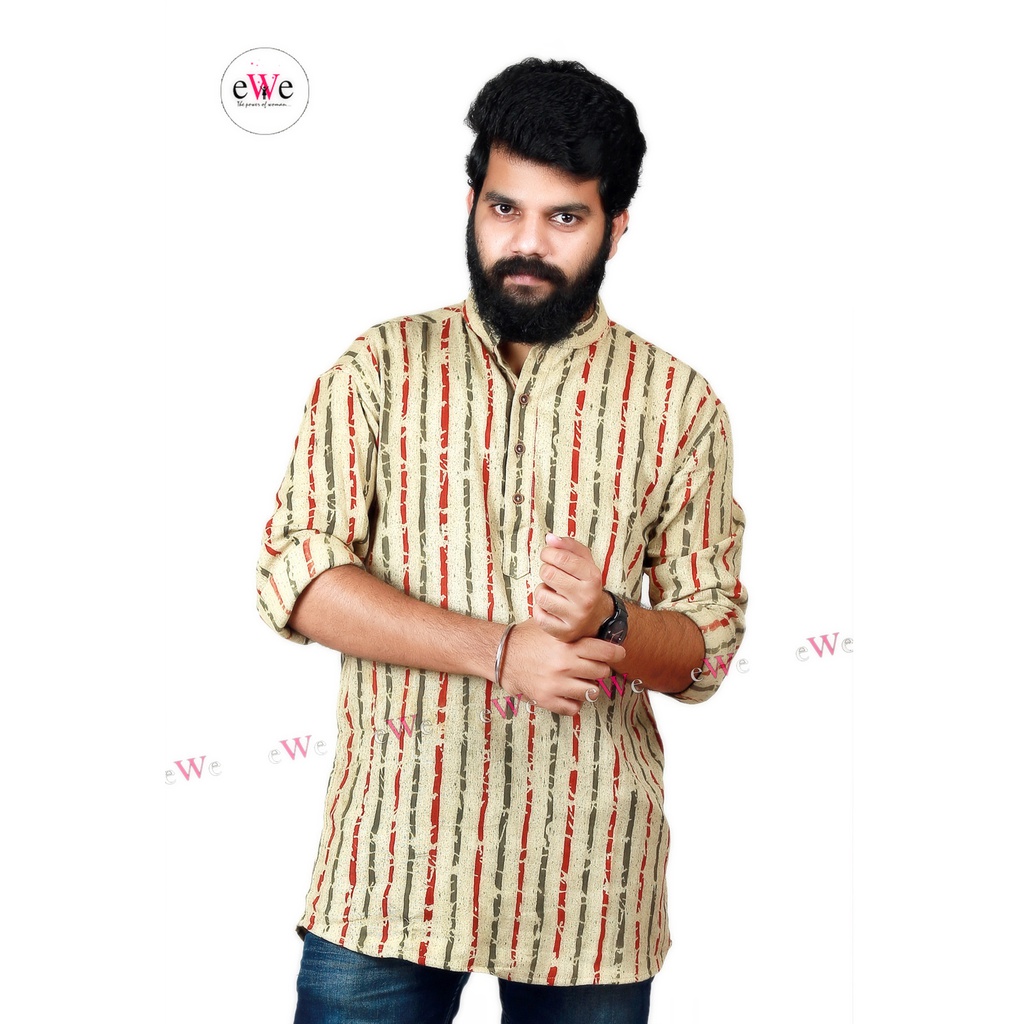 Khadi Gents Kurta &quot;Oyster with Red &amp; Green Stripe&quot;