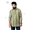 Khadi Gents Kurta &quot;Oyster with Green Design&quot;