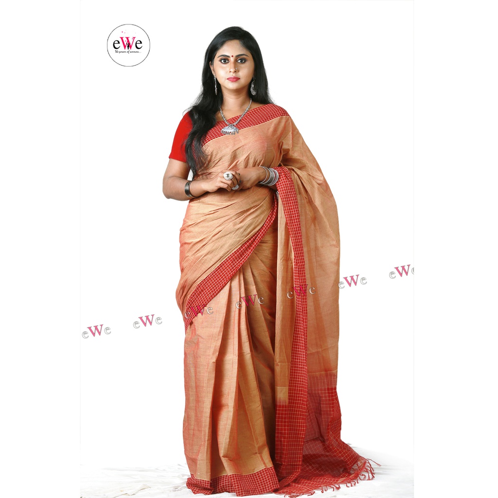 Traditional Handloom Saree (Light Orange, Meroon)