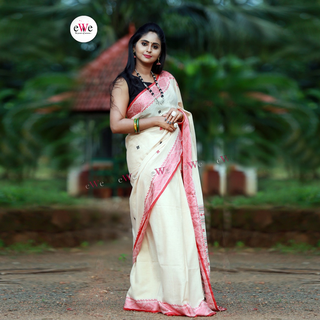 Handloom white &amp; Red Woven Design Balucheri Saree