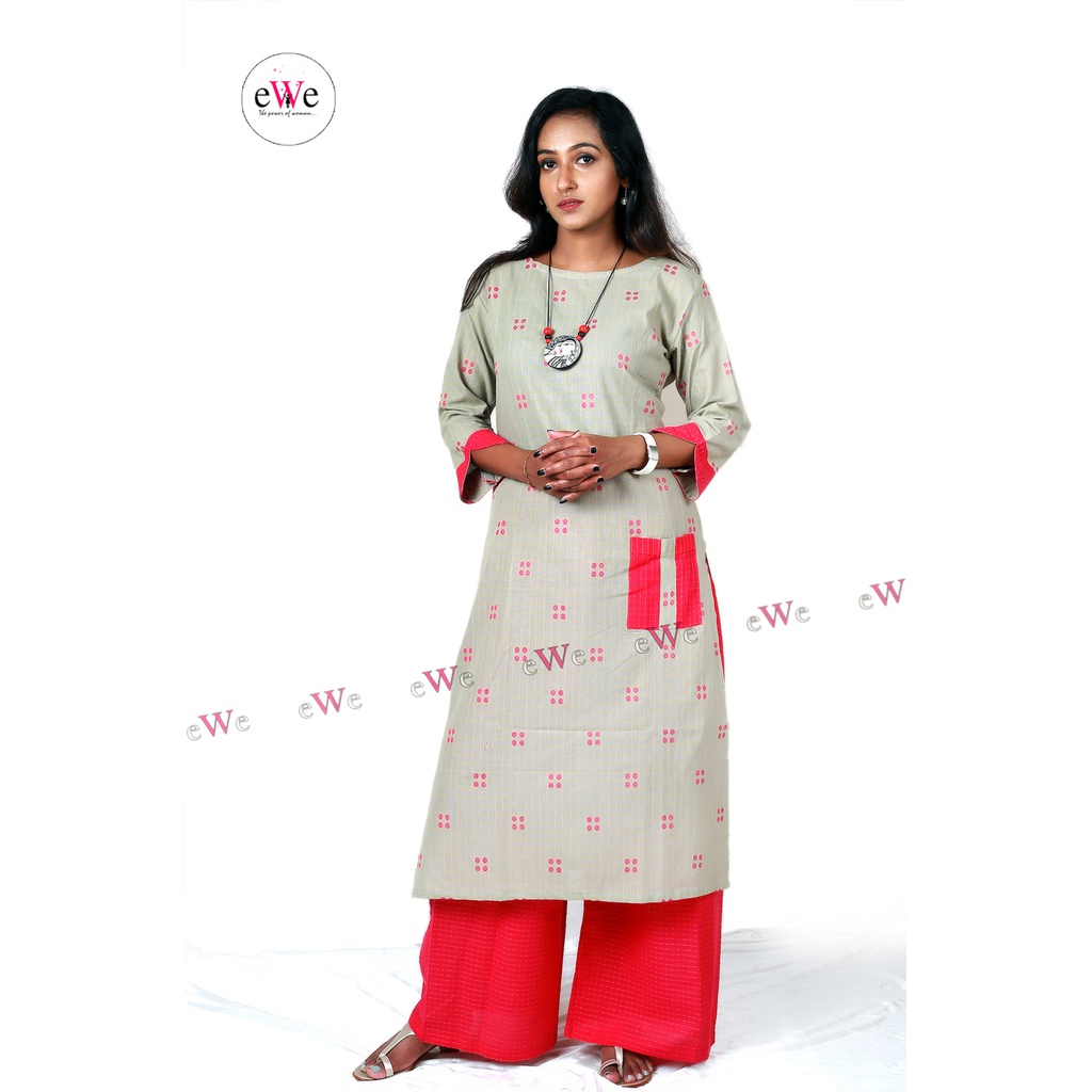 Handloom Cotton Ash Kurti With Palazzo Pant