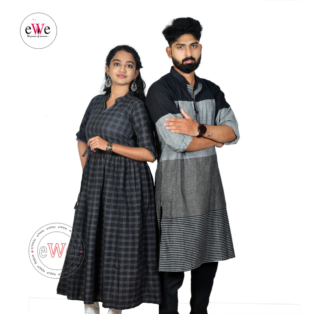 Handloom Couple Combo / Black Kurta &amp; Gown Kurti