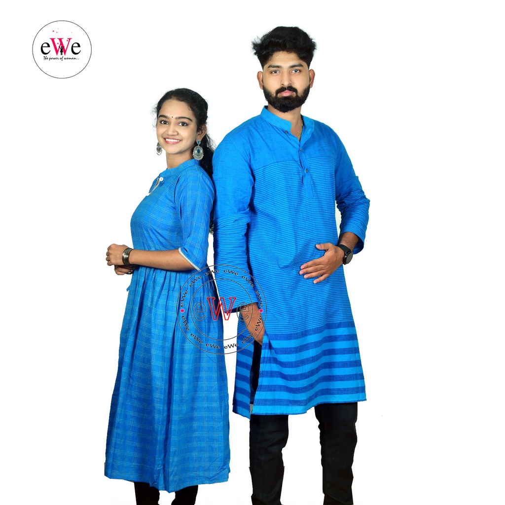 Handloom Couple Combo / Blue Kurta &amp; Gown Kurti