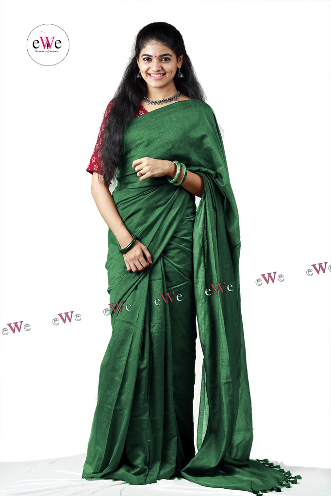 Handloom Plain Saree (Dark Green)