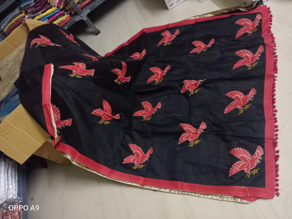Cotton Saree Black And Red Work