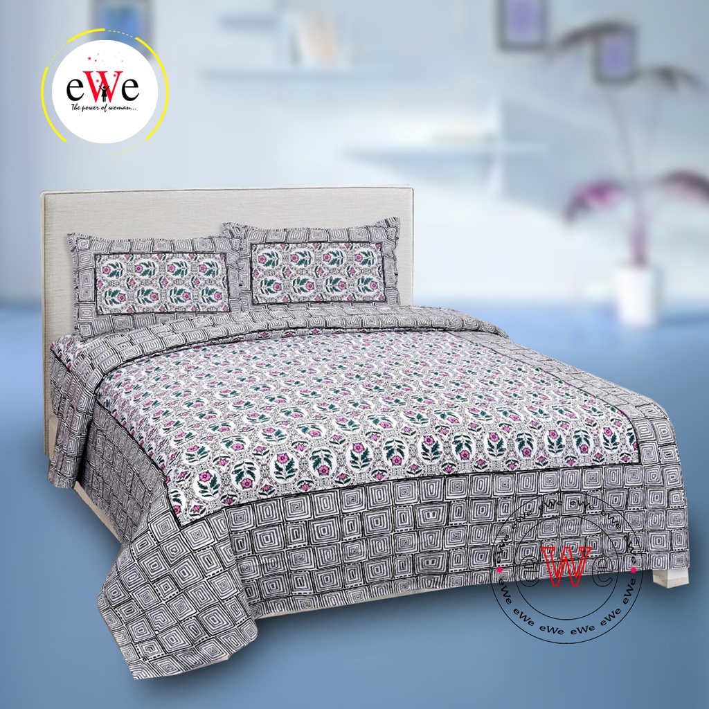 Handloom Cotton Ash Flower Design Double Bedsheet