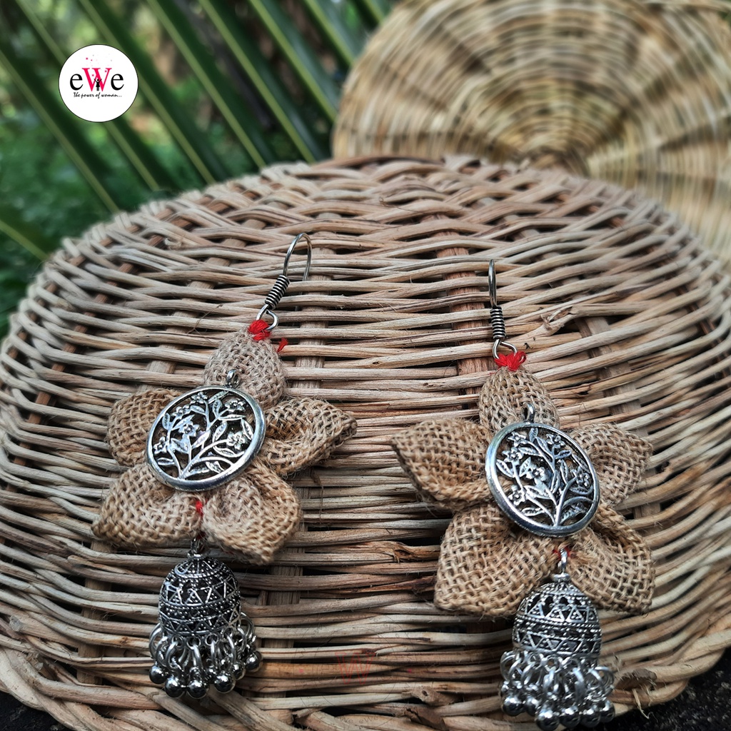 Traditional Jute Thread Handmade Earrings With Oxidised Silver Tone Jhumka