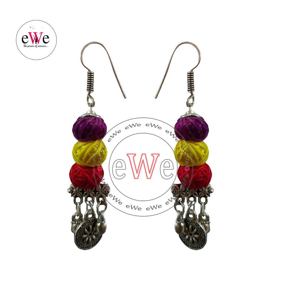 Handmade Hangings with Violet Yellow Red Woolen Thread Along With Oxidised Silver Tone Ghungroo