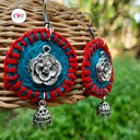 Blue And Red Woolen Thread Rose Handmade Earrings With Jhumka