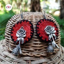 Black And Red Woolen Thread Rose Flower Handmade With Jhumka Earrings