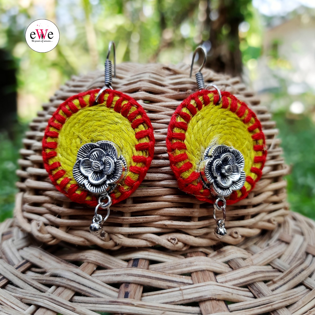 Yellow And Red Woolen Thread Rose Flower Handmade Earrings With Jhumka