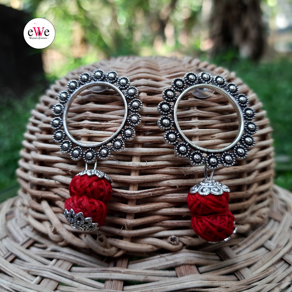 Oxidized Silver Stead With Red Woolen Thread Hanging Earrings