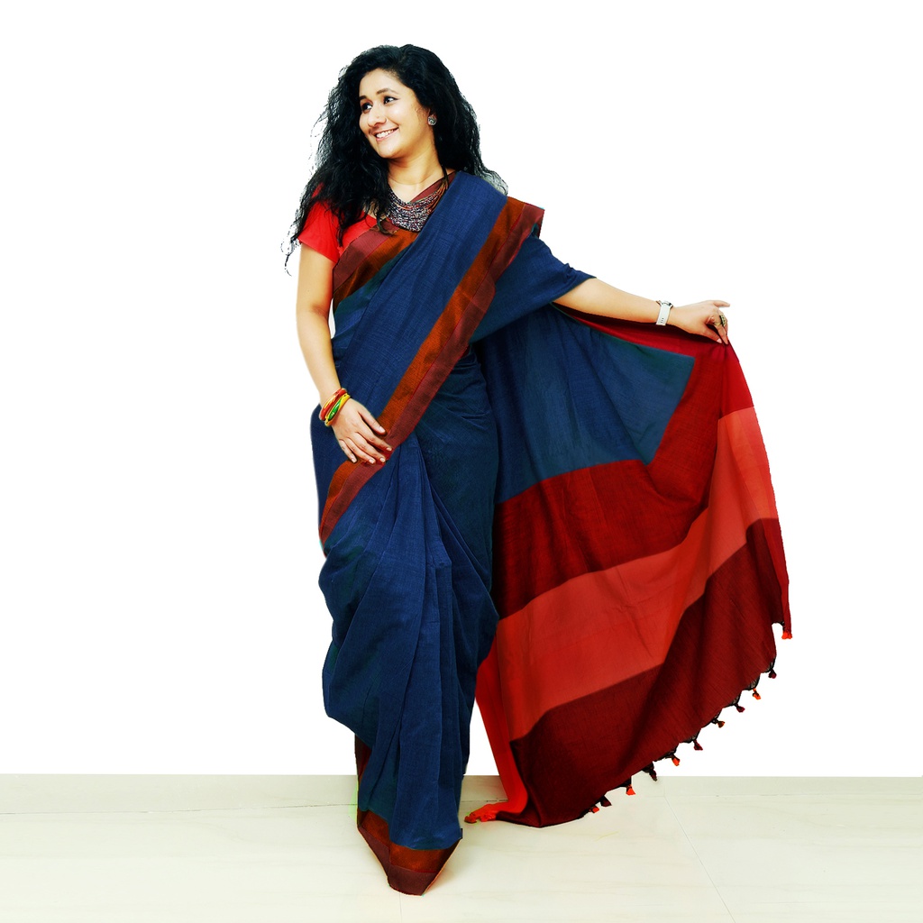 Handloom Design Saree (Navy Blue , Orange)