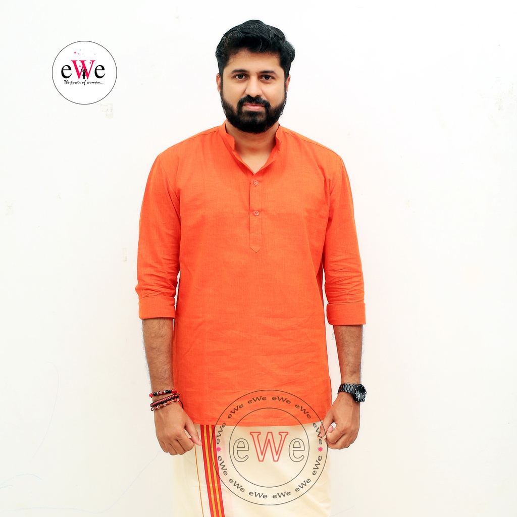 Gent's Cotton Handloom Orange Coloured Short Kurta