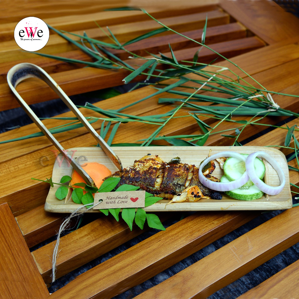 Bamboo Fish Serving Tray and Kitchen Tongs Combo Set