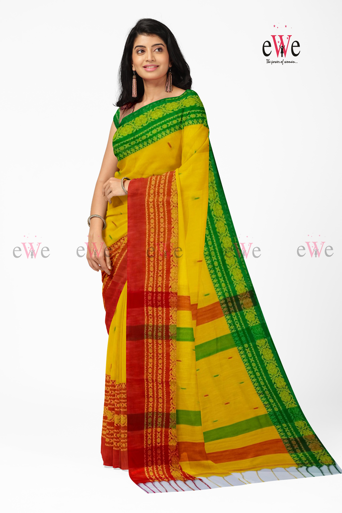 Yellow &amp; Red Handloom Cotton Saree with Begampuri Weave