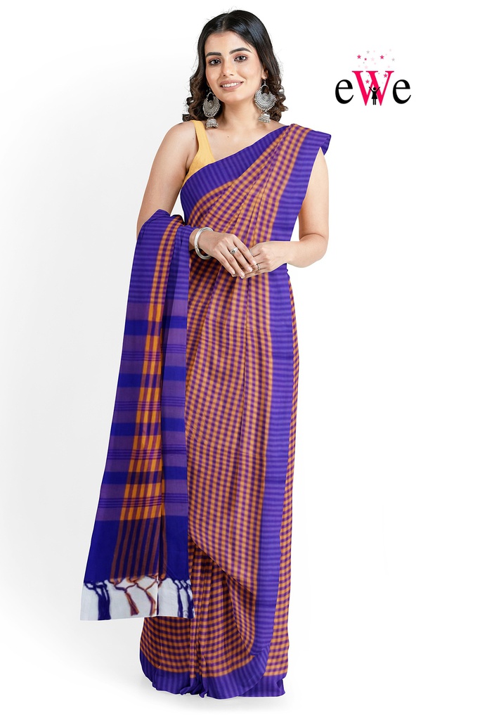 Purple Orange Check Handloom Saree