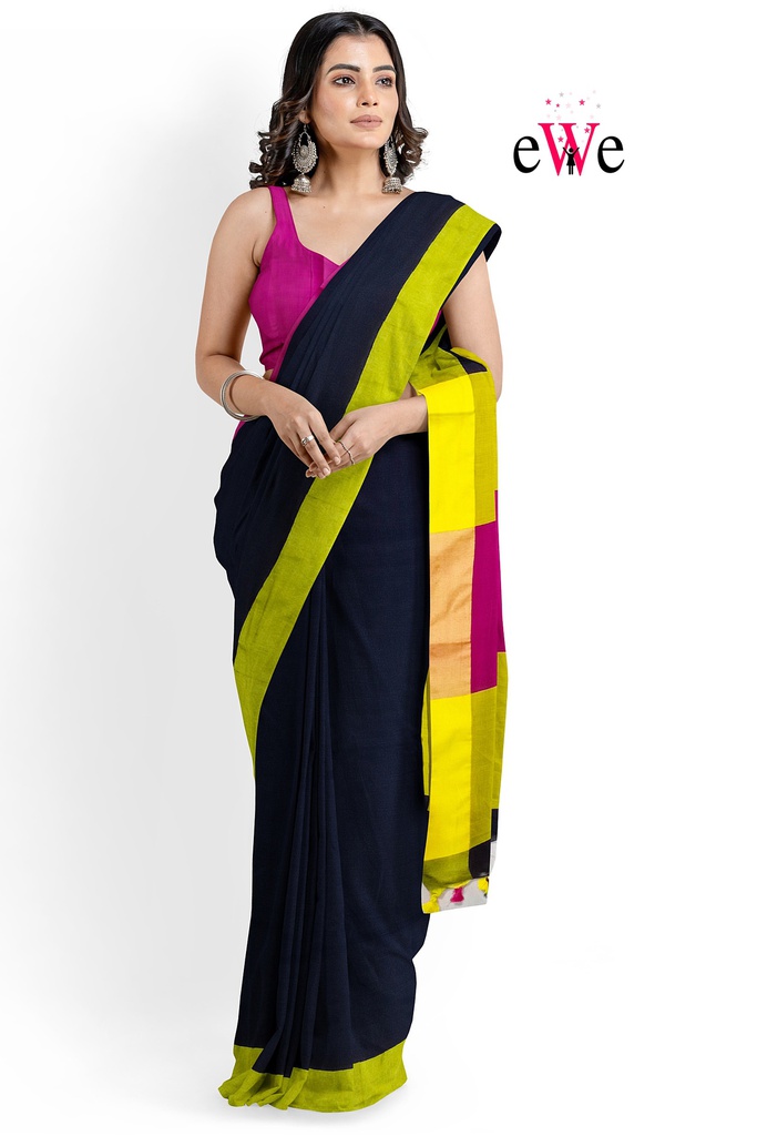 Black &amp; Pink Yellow Handloom Soft Design Saree