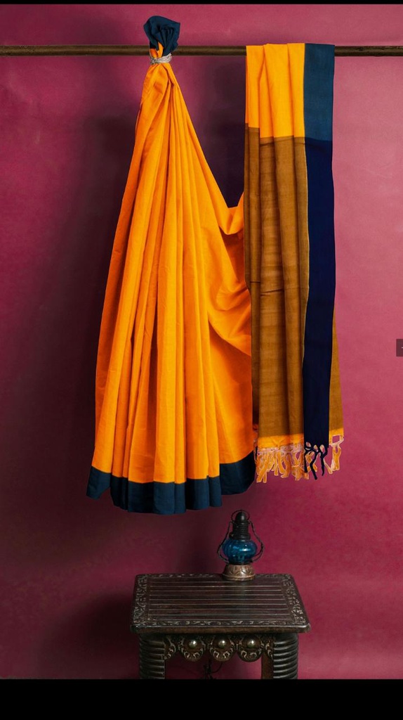 Fire Orange &amp; Black Handloom Saree