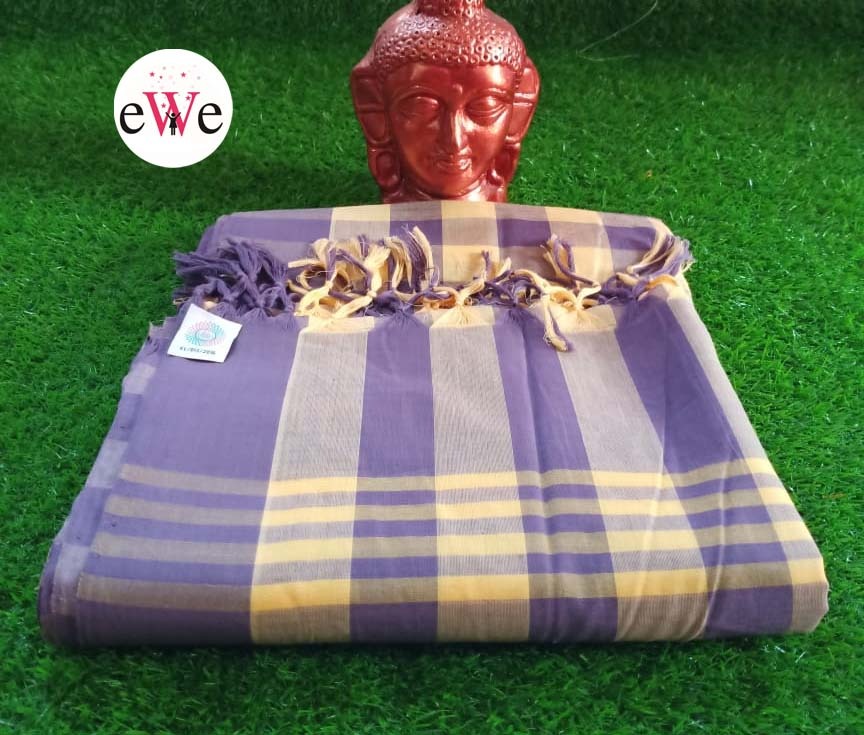 Purple Yellow Check Handloom Saree