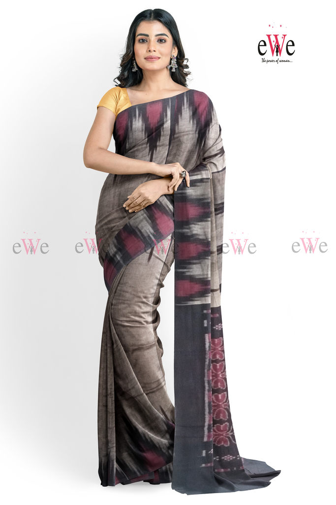 Pochampally Ikkat Temple Border Grey With Red Colour Cotton Designer Saree.