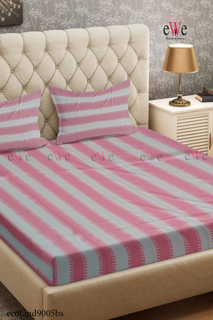 Pink &amp; White Handloom Cotton Bedsheet with Two Pillow Cover.