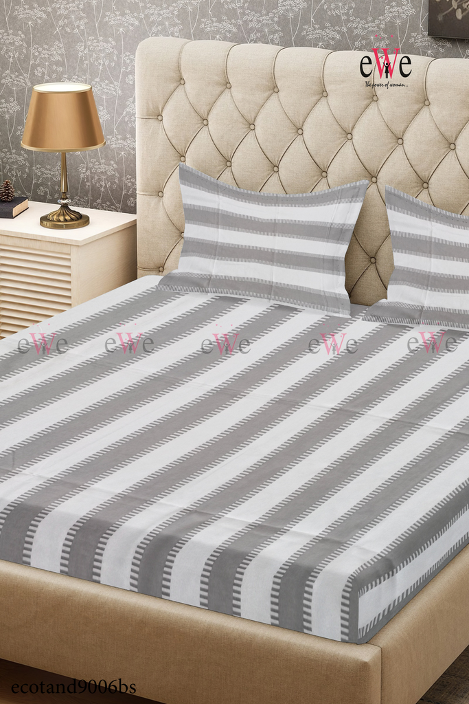 Grey &amp; White Handloom Cotton Bedsheet with Two Pillow Cover.