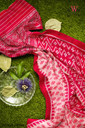 Cream &amp; Red Handloom Linen saree with ikkat design