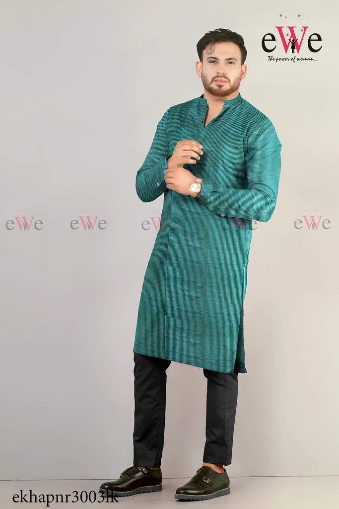 Green Striped Khadi Gent's Long Kurta