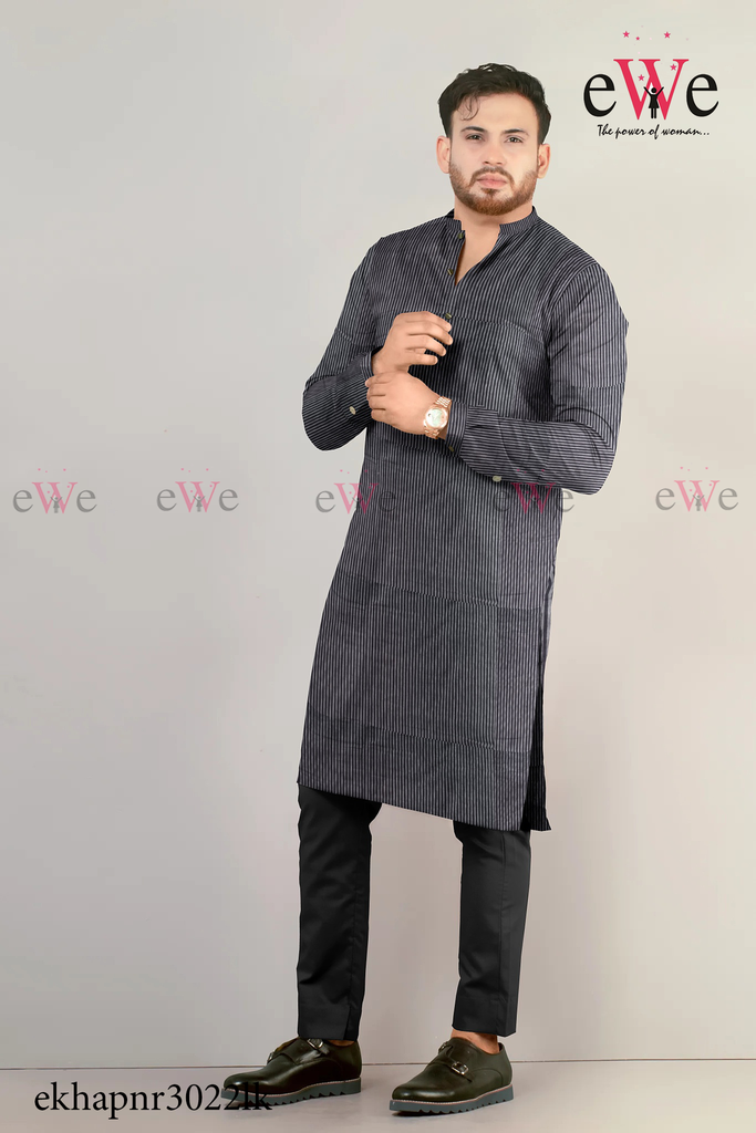 Black Striped Khadi Gent's Long Kurta