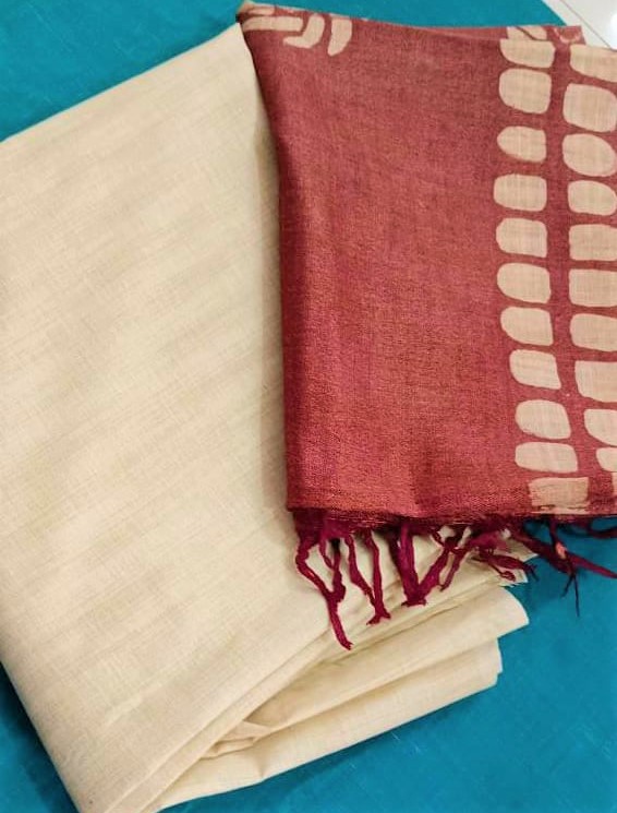Cream &amp; Meroon Jute Cotton Unstitched Fabric &amp; Dupatta with Hand Block Print