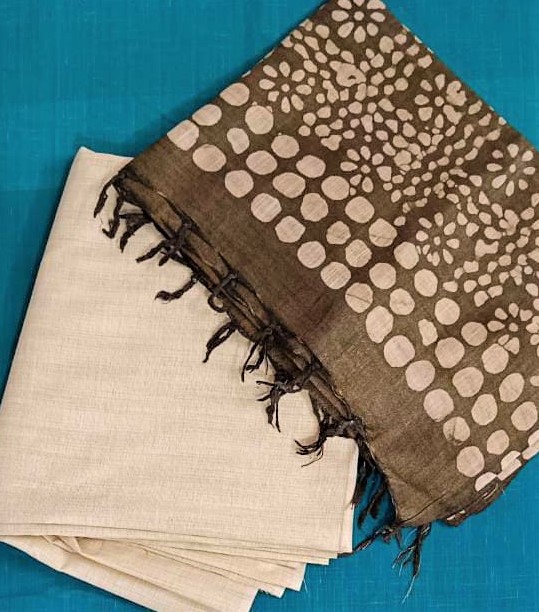 Cream &amp; Brown Jute Cotton Unstitched Fabric &amp; Dupatta with Hand Block Print