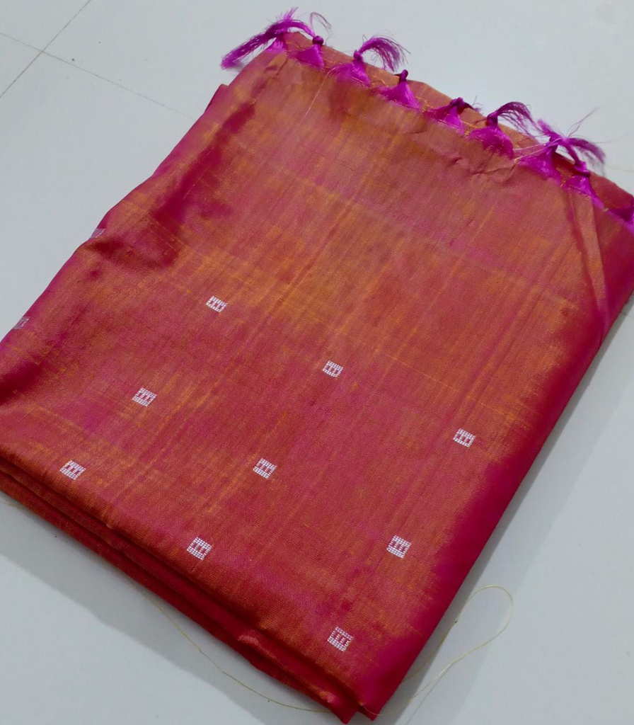 Fire Orange and Pink Dual Tone Banana Pith Silk Saree