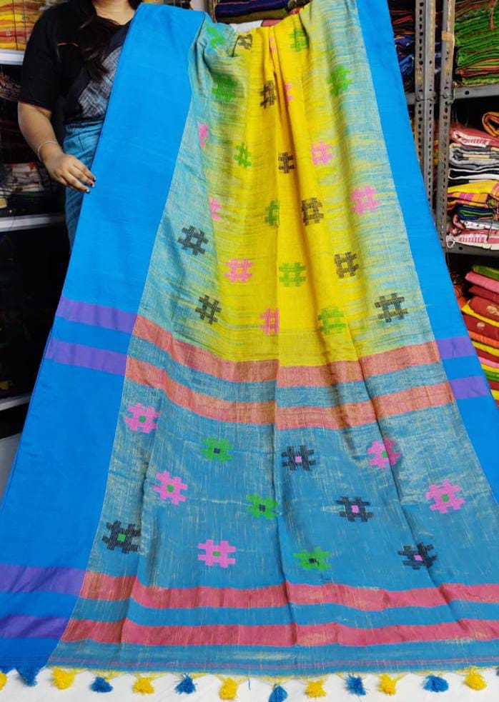 Blue Yellow Hand loom Cotton Tissue Saree