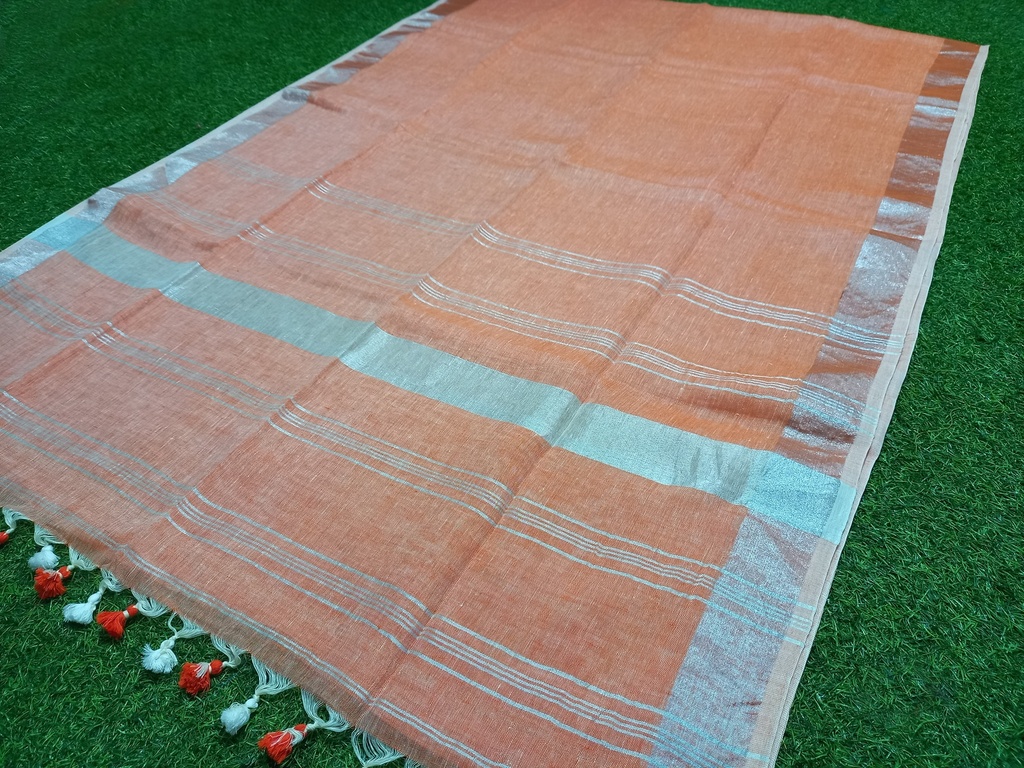 Orange Linen Saree with Silver border