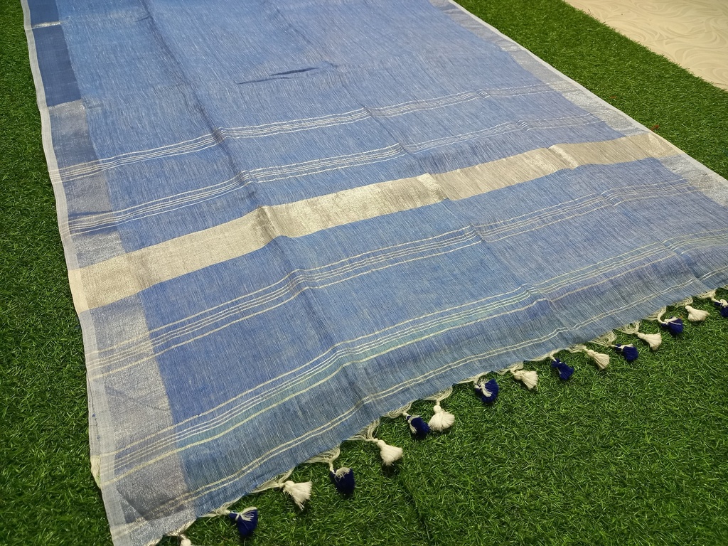 Blue Linen Saree with Silver Border